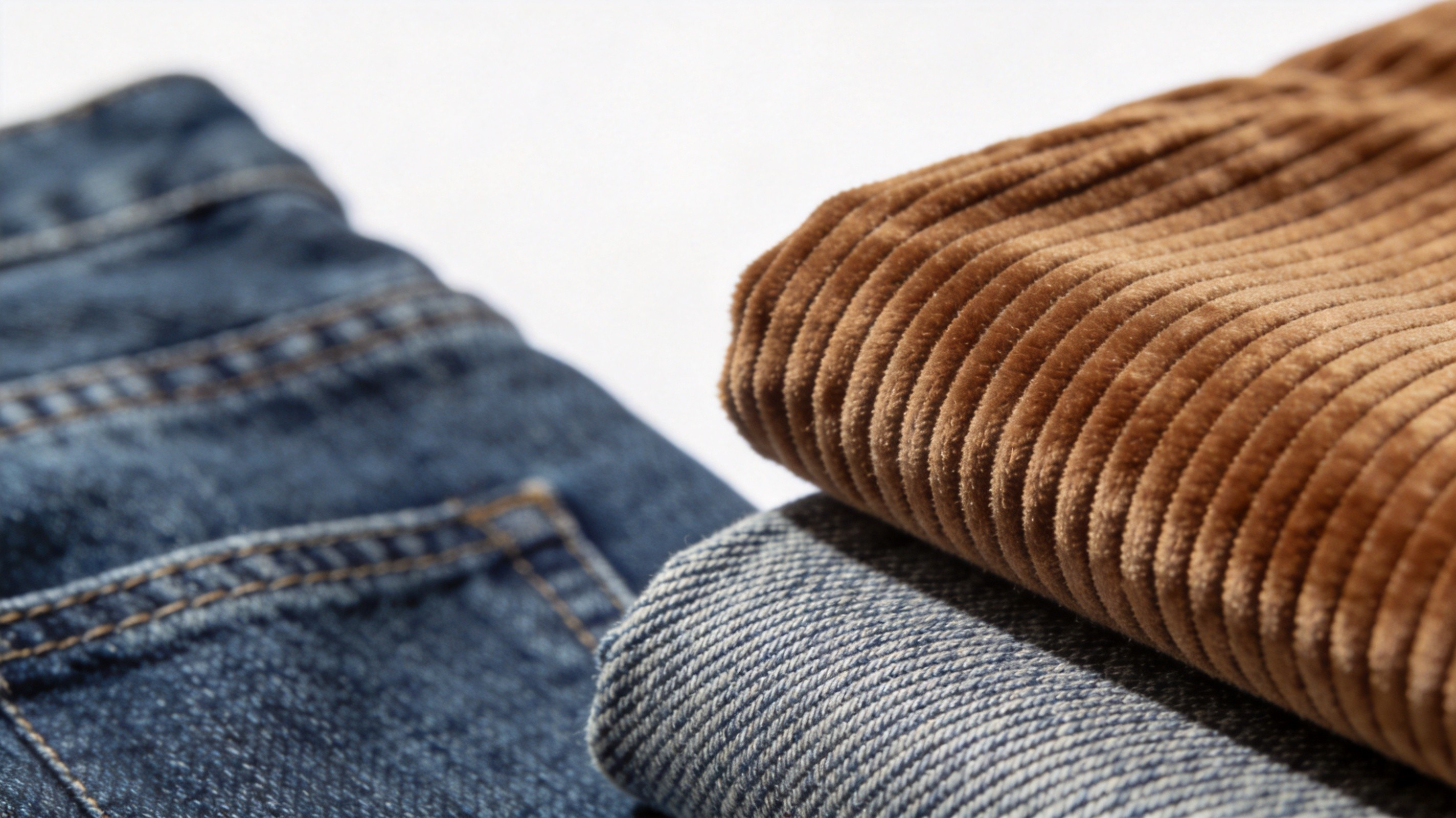 Comparison of corduroy and denim fabrics side by side