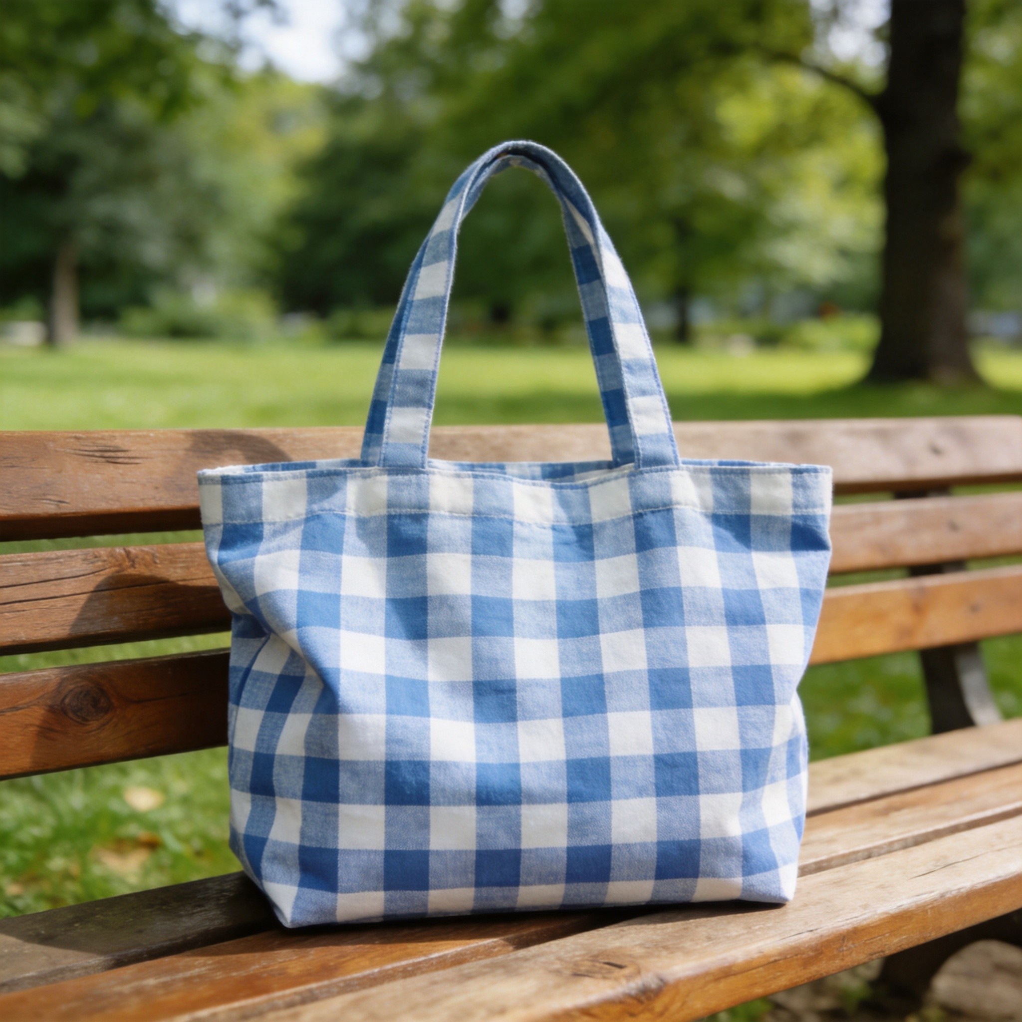 Gingham picnic bag - blue check cotton