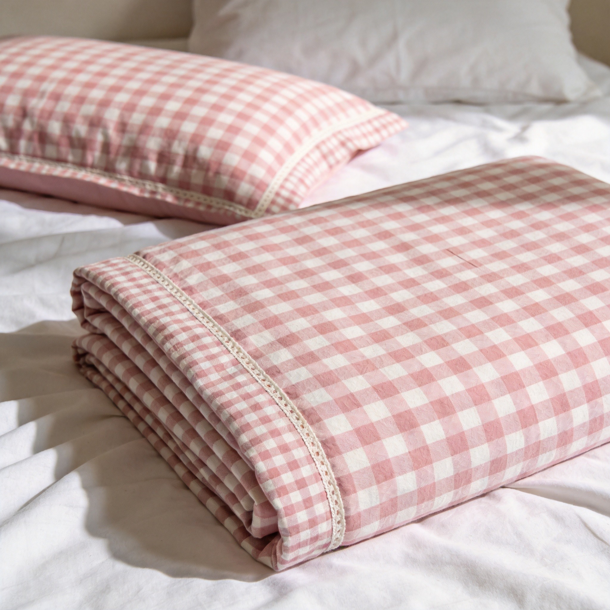 Gingham bedding accessory - pink check cotton
