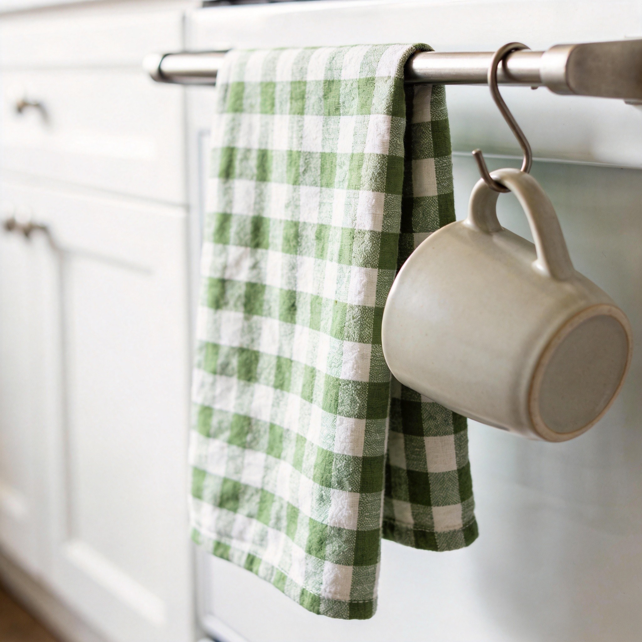Gingham tea towel - green check cotton