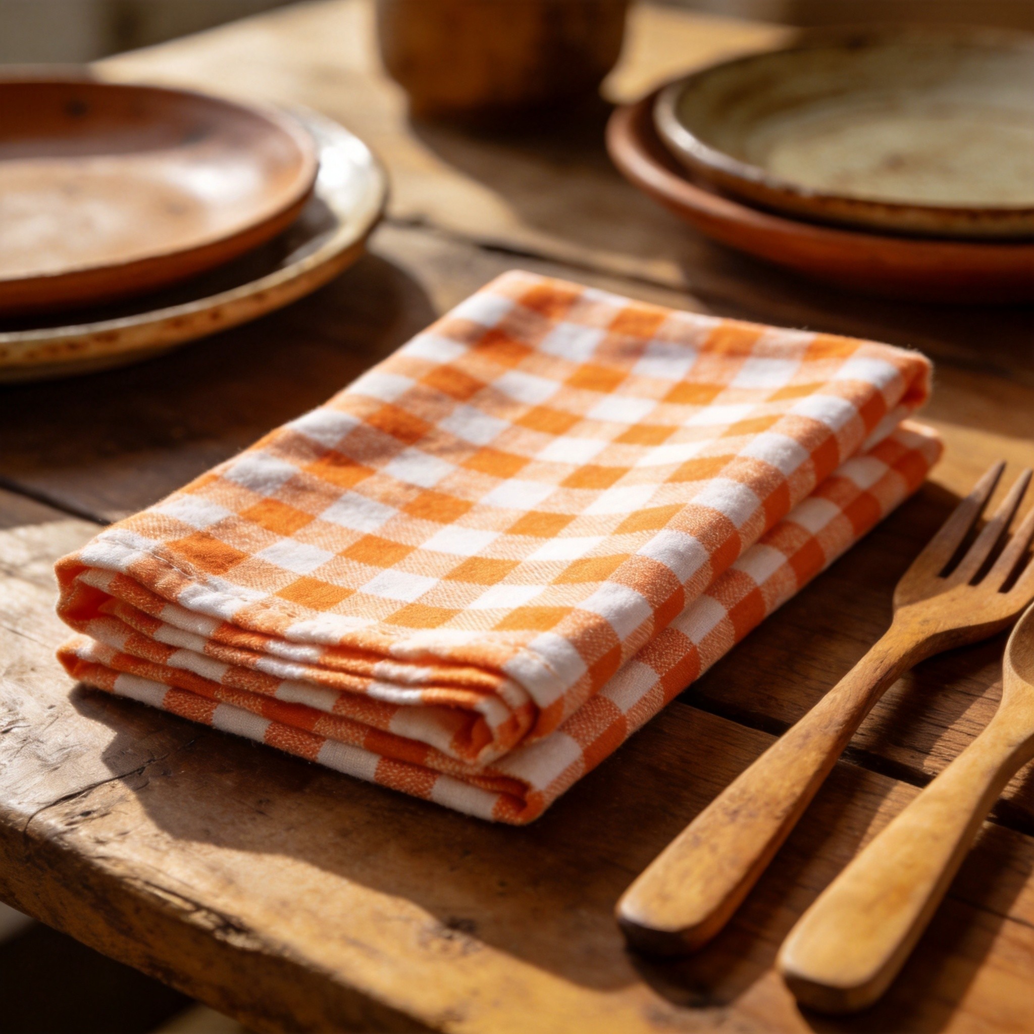 Gingham napkin - orange check cotton