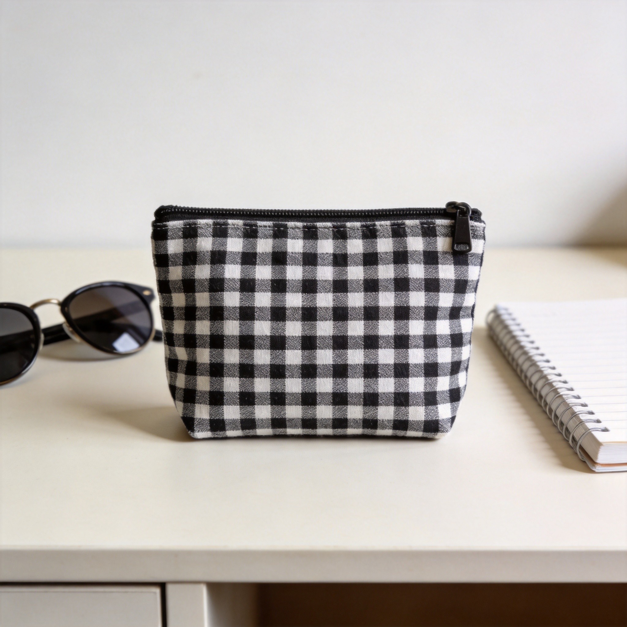 Gingham pouch - black check cotton