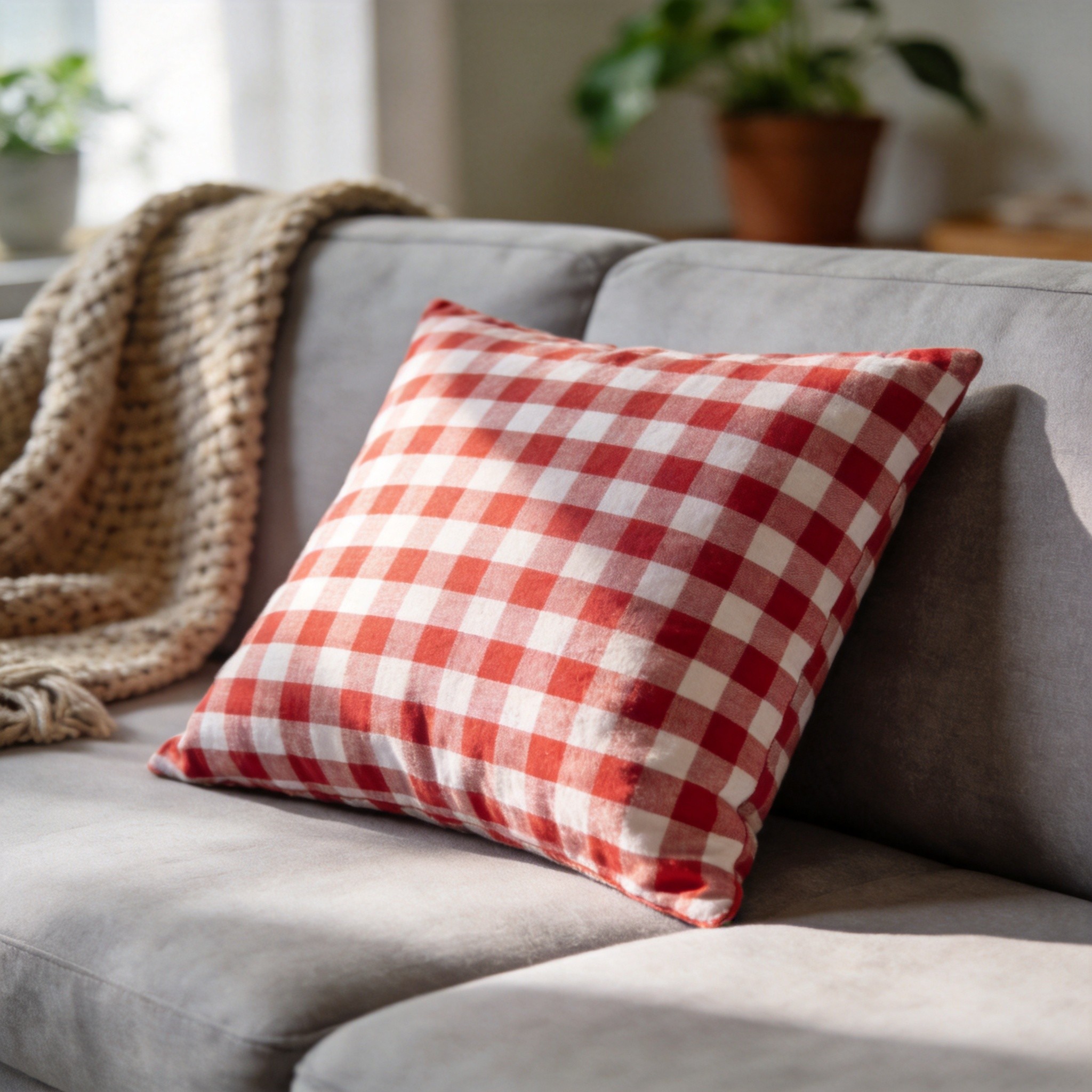 Gingham cushion cover - red check cotton