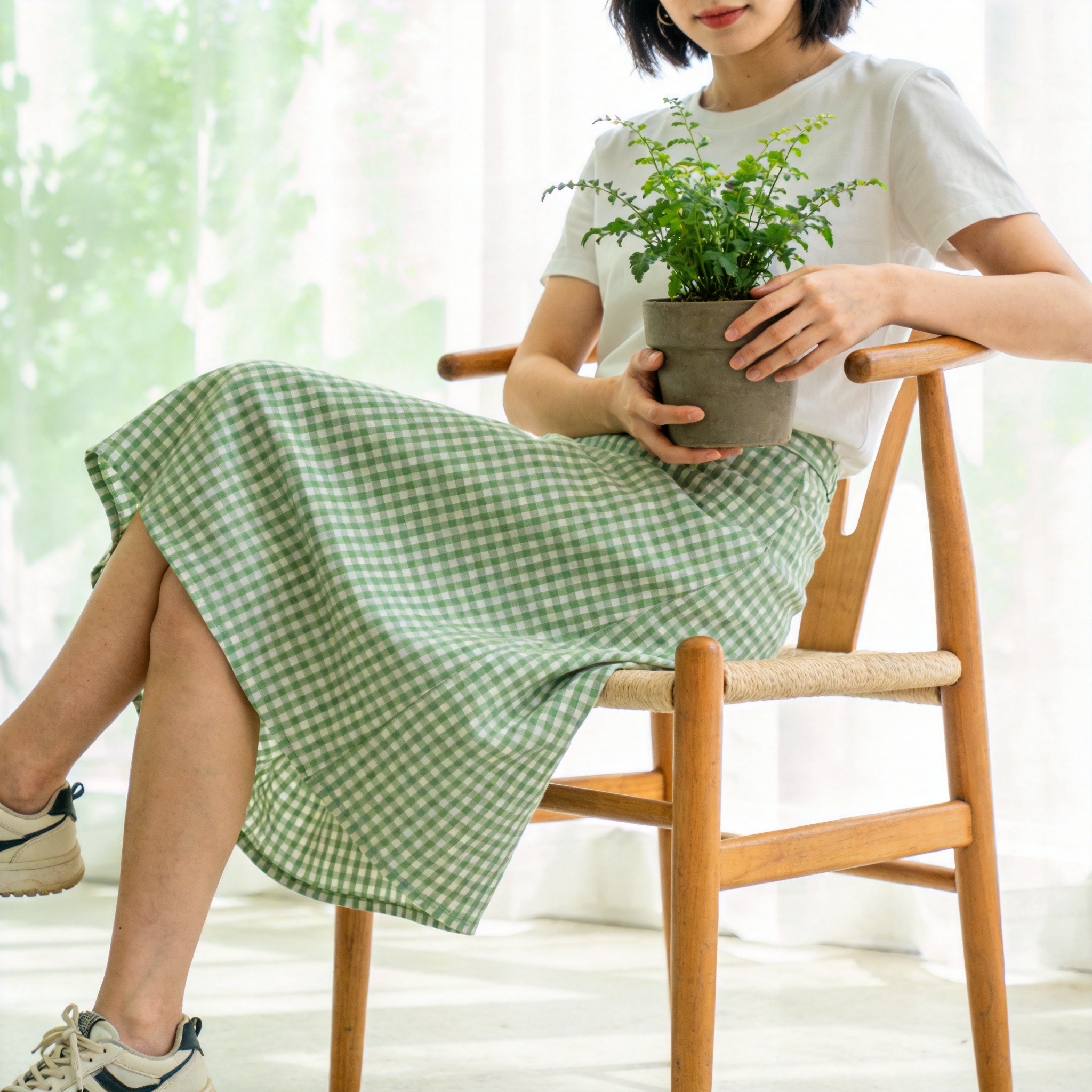 Gingham skirt - green check cotton