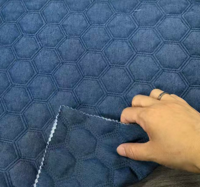 Q-08 denim blue hexagon honeycomb quilted fabric
